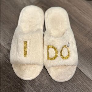 White Furry 'I Do' Slippers